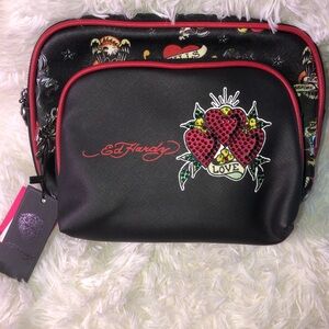 Ed Hardy Black Cosmetic Bag with Red Trim and Heart Graphic